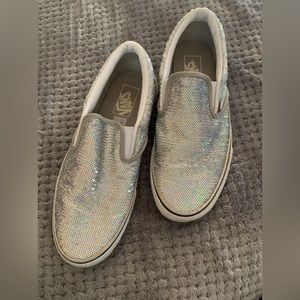 Vans slip on. worn one time. silver iridescent mini sequins.